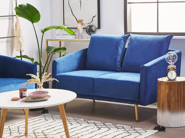 Sofagruppe Blå Velour Guld Metalben 3 Personers Sæt 2er Dekorativ Indendørs Dyb Sofa til Stue Indretning Glamour Retro Inspiration Tilbehør
