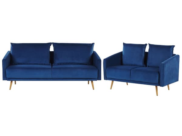 Sofagruppe Blå Velour Guld Metalben 3 Personers Sæt 2er Dekorativ Indendørs Dyb Sofa til Stue Indretning Glamour Retro Inspiration Tilbehør