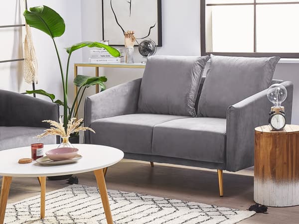 Sofagruppe Grå Velour Guld Metalben 3 Personers Sæt 2er Dekorativ Indendørs Dyb Sofa til Stue Indretning Glamour Retro Inspiration Tilbehør