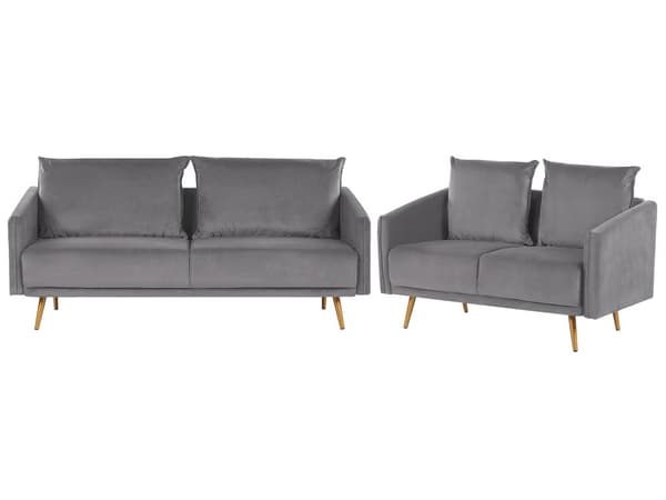 Sofagruppe Grå Velour Guld Metalben 3 Personers Sæt 2er Dekorativ Indendørs Dyb Sofa til Stue Indretning Glamour Retro Inspiration Tilbehør