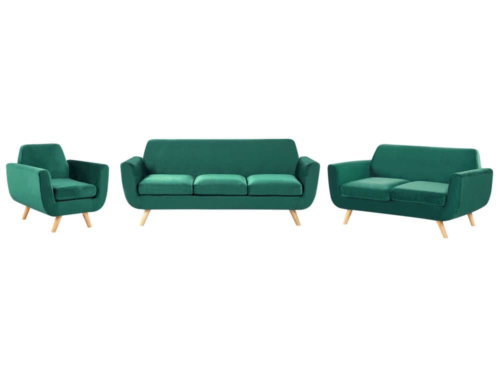Soffgrupp 2-sits + 3-sits + fåtölj sammet grön avtagbart överdrag BERNES
