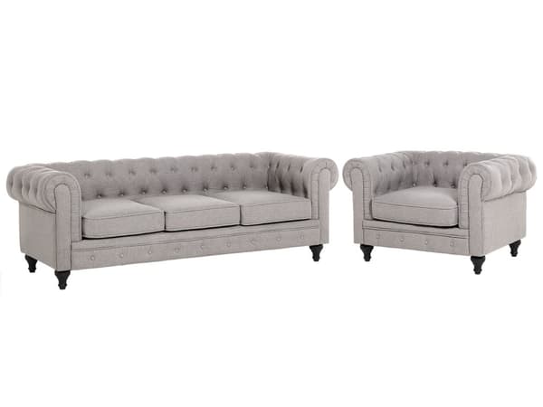 Chesterfield Sofasæt Lysegrå Stof med Sorte Træben 4 Personers Bredt Tyk Polstret Knap Tuftet Venetiansk Barok stil Stue Moderne Dekoration