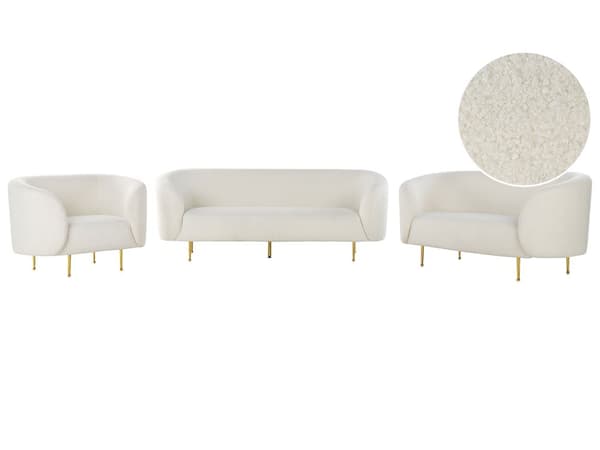 Sofasæt Hvid Polyester og Guld Jern 3 Pers 2 Pers Plyssofa Blød Fluffy Boucle Lænestol Stue Inspiration Tilbehør Buet Ryglæn Design