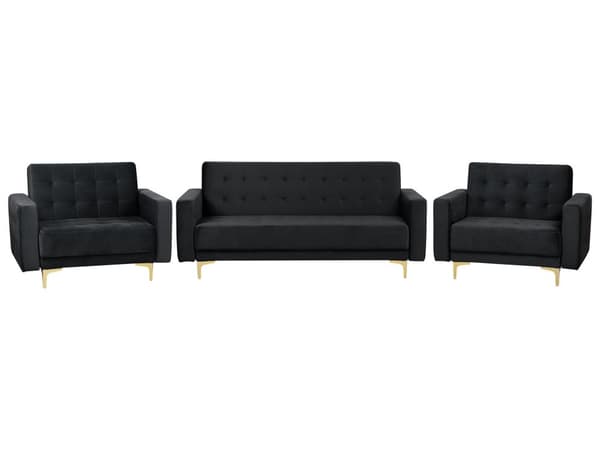 Vardagsrumsset 3-sits Bäddsoffa Svart Sammet Tuftad 2 Fällbara Fåtöljer Modern