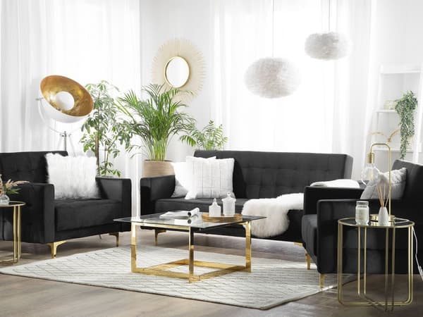Sofasæt Sort Velour Sofa med Sovefunktion 3 Personers Sovesofa med 2 Lænestole Moderne Tuftet Klik Klak modul Sovefunktion Stue dekor