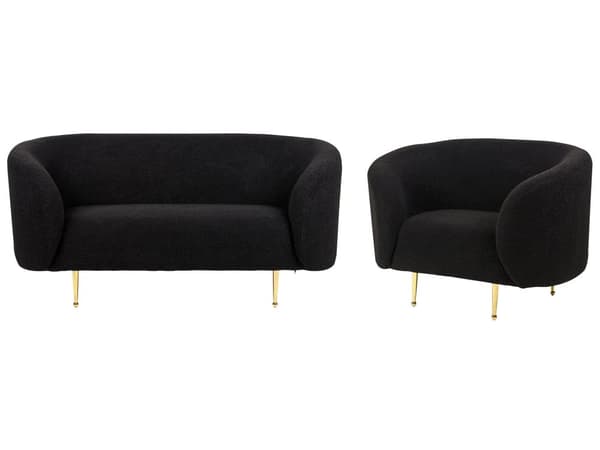 Soffgrupp Svart Boucle Tyg Mjuk Noppig Guld Ben Retro Glam Art Déco Design Vardagsrum Bibliotek