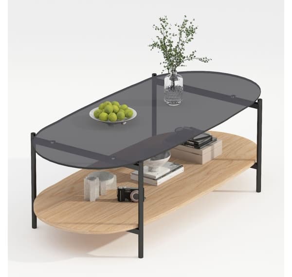 Soffbord CINDY 120x55xH40cm, grått glas/melamin ek