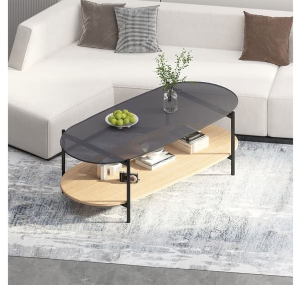 Soffbord CINDY 120x55xH40cm, grått glas/melamin ek