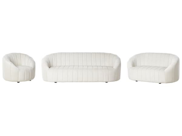 6-sits soffgrupp Off-white sammet Modernt vardagsrum med sittplatser Retro design Puffad sits Låg rygg