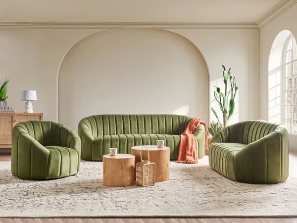 6-sits soffgrupp Mörkgrön sammet Modernt vardagsrum med sittplatser Retro design Puffad sits Låg rygg