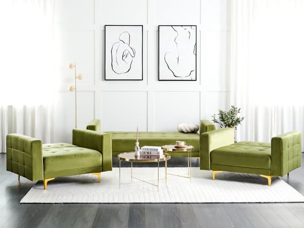 Vardagsrumspaket Grön sammet tuftat tyg 3-sits bäddsoffa 2 vilstolar Modern 3-delad svit