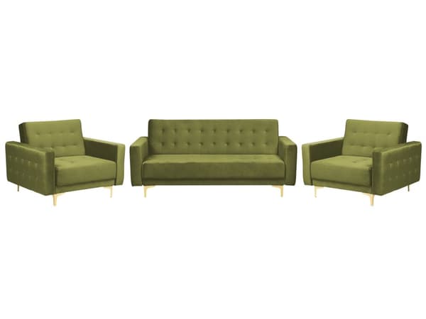 Vardagsrumspaket Grön sammet tuftat tyg 3-sits bäddsoffa 2 vilstolar Modern 3-delad svit
