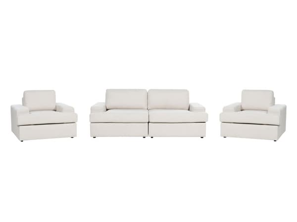 Sohvaryhmä vaalea beige viidelle kangasverhoilu muovijalat irrotettavat tyynynpäälliset retro