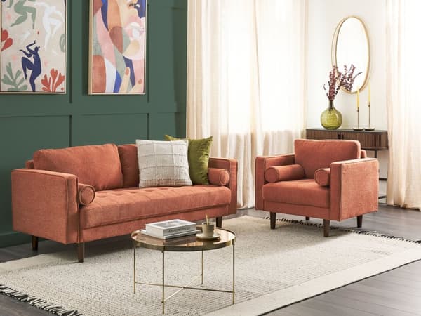 Soffgrupp Guldbrun tygklädd 3-sits med fåtölj Vadderad Tjockt stoppad Rygg Klassiskt Retro Design Vardagsrum