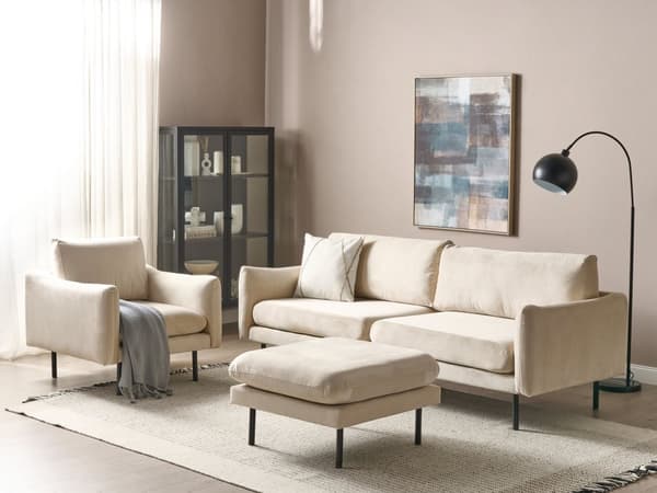 Sohvaryhmä vaalea beige viidelle samettiverhoilu alumiinijalat pehmusteet moderni retro