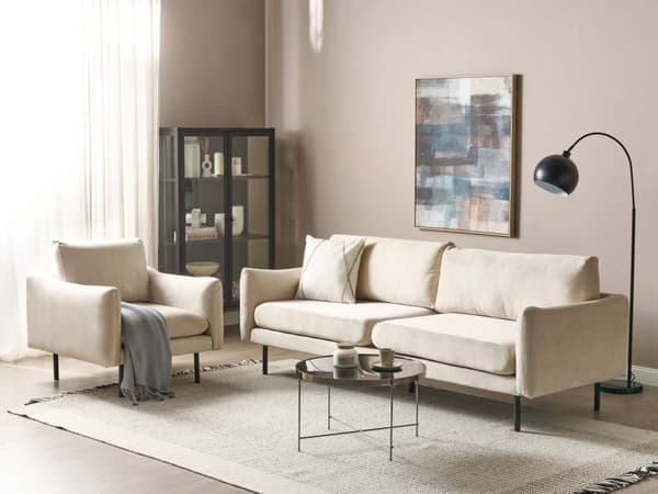 Sohvaryhmä vaalea beige neljälle samettiverhoilu alumiinijalat pehmusteet moderni retro
