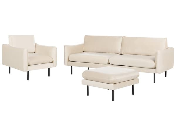 Vardagsrum Soffgrupp Ljusbeige Sammet Svarta Ben Hörnsoffa 3-sits Fåtölj Modern Retro Stil