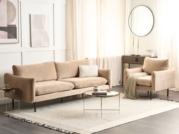 Soffgrupp Beige Sammetstyg Svarta Ben Hörnsoffa 3 Sits Fåtölj Modern Retrostil