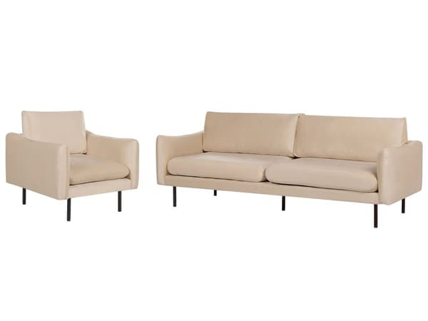Soffgrupp Beige Sammetstyg Svarta Ben Hörnsoffa 3 Sits Fåtölj Modern Retrostil