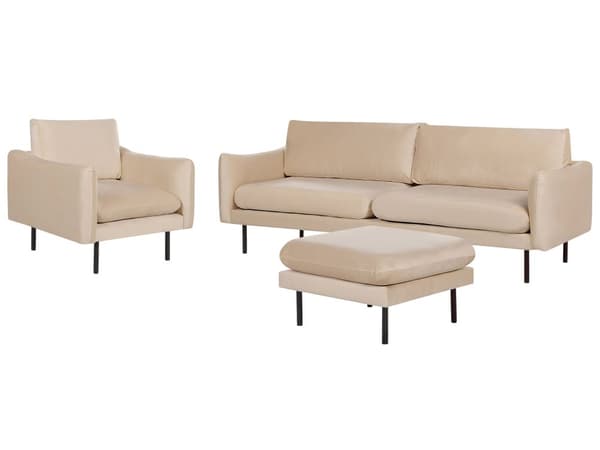 Soffgrupp med Fotpall Beige Sammetstyg Svarta Ben Hörnsoffa 3-sits Fåtölj Fotpall Modern Retrostil