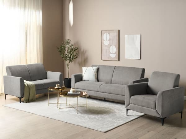 Soffgrupp Grå Polyestertyg Klädsel 3 + 2 + 1 Sits Loveseat Soffa Fåtölj Vardagsrum Möbler