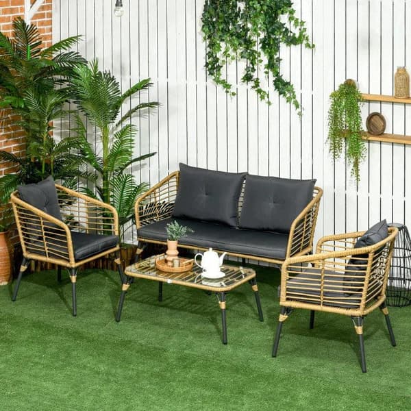 Rootz Puutarhahuonekalusetti - 4-osaiset rottinkipuutarhakalusteet - Boho-tyyli - Säänkestävä - Irrotettavat kannet - Luonnollinen + Tummanharmaa - 13