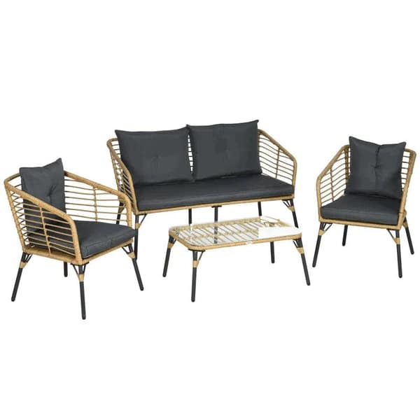 Rootz Puutarhahuonekalusetti - 4-osaiset rottinkipuutarhakalusteet - Boho-tyyli - Säänkestävä - Irrotettavat kannet - Luonnollinen + Tummanharmaa - 13