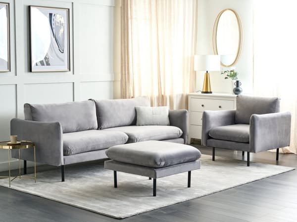 Soffgrupp med Fotpall Grå Sammetstyg Svarta Ben Hörnsoffa 3-sits Fåtölj Fotpall Modern Retrostil