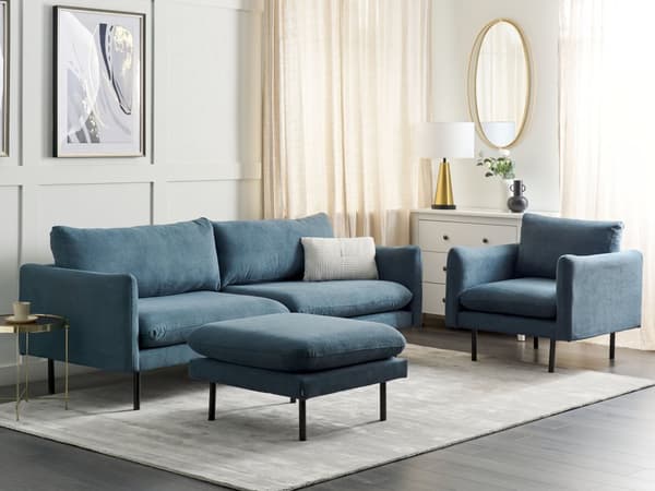 Soffgrupp Blå Chenille Svarta ben Hörnsoffa 4-sits Fåtölj Fotpall Modern retrostil Vardagsrum