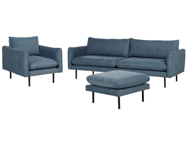 Soffgrupp Blå Chenille Svarta ben Hörnsoffa 4-sits Fåtölj Fotpall Modern retrostil Vardagsrum