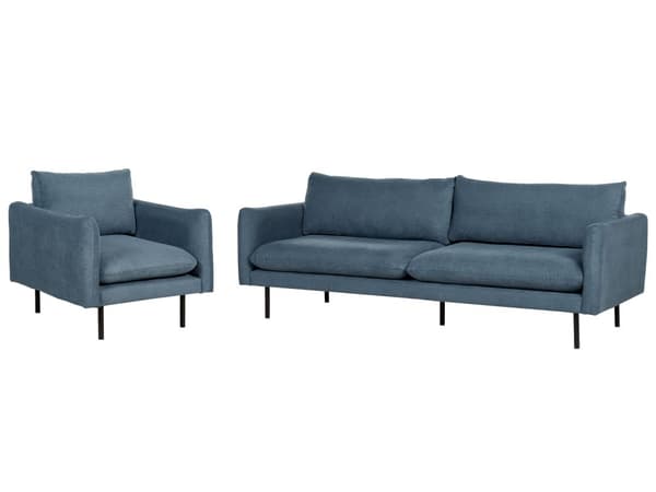 Soffgrupp Blå Chenille Svarta ben Hörnsoffa 3-sits Fåtölj Modern Retro Vardagsrum