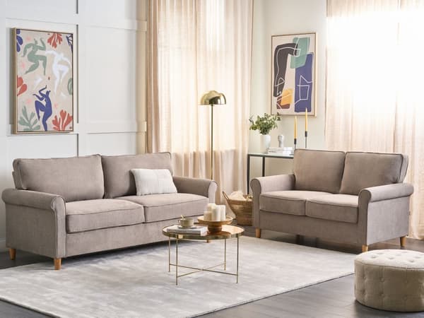 2 + 3 Sittplatser Soffgrupp Ljusbrun Tyg Träram Vardagsrum