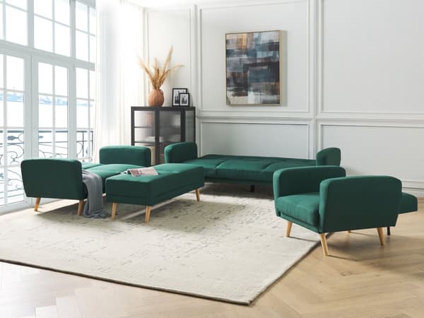 Soffgrupp Grönt Tyg 3 + 2 + 1 sits Fotpall Sovfunktion Retro Vardagsrum