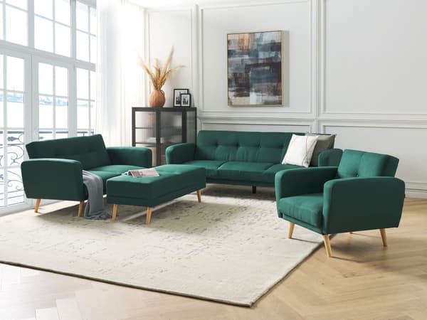 Soffgrupp Grönt Tyg 3 + 2 + 1 sits Fotpall Sovfunktion Retro Vardagsrum
