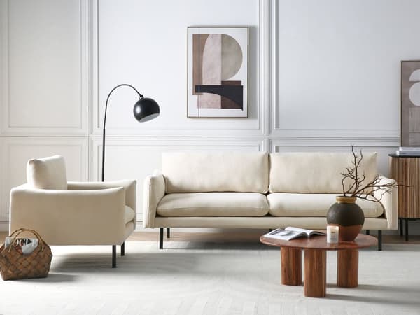 Sohvaryhmä vaalea beige neljälle kangasverhoilu alumiinijalat pehmusteet moderni retro