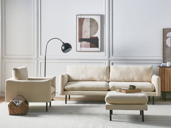 Soffgrupp med fotpall Ljusbeige tyg Svarta ben Hörnsoffa 3-sits Fåtölj Fotpall Modern Retrostil