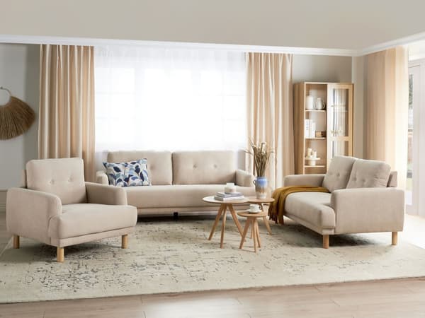 Sohvaryhmä beige vakosametti verhoiltu puujalat neljälle nappikoristeltu olohuoneen retro minimalistinen tyyli
