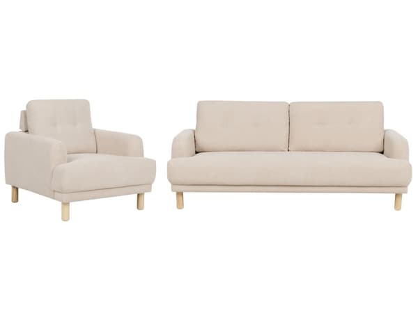 Sohvaryhmä beige vakosametti verhoiltu puujalat neljälle nappikoristeltu olohuoneen retro minimalistinen tyyli
