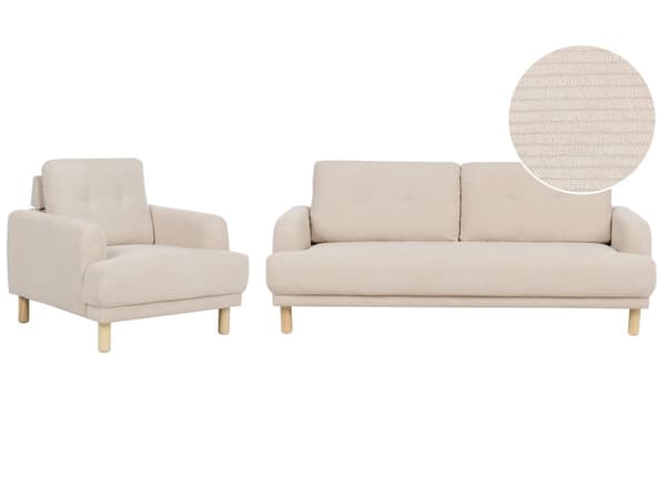 Sohvaryhmä beige vakosametti verhoiltu puujalat neljälle nappikoristeltu olohuoneen retro minimalistinen tyyli