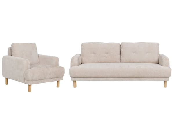 Sohvaryhmä beige bukleekangas verhoiltu puujalat neljälle nappikoristeltu olohuoneen retro minimalistinen tyyli