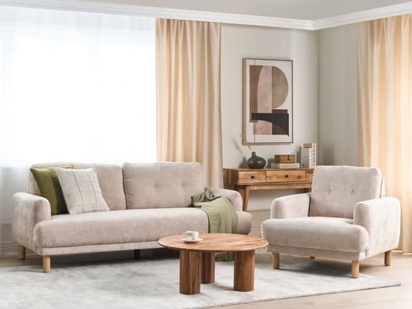 Sohvaryhmä beige bukleekangas verhoiltu puujalat neljälle nappikoristeltu olohuoneen retro minimalistinen tyyli