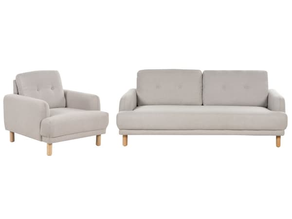 Sohvaryhmä ruskeanharmaa kangas verhoiltu puujalat neljälle nappikoristeltu olohuoneen retro minimalistinen tyyli
