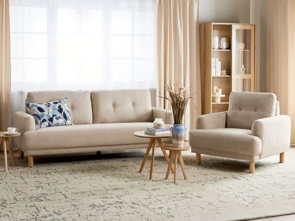 Soffgrupp 3-sits Soffa Fåtölj Beige Manchestertyg Träben Loveseat Retro Minimalistiska Vardagsrumsmöbler