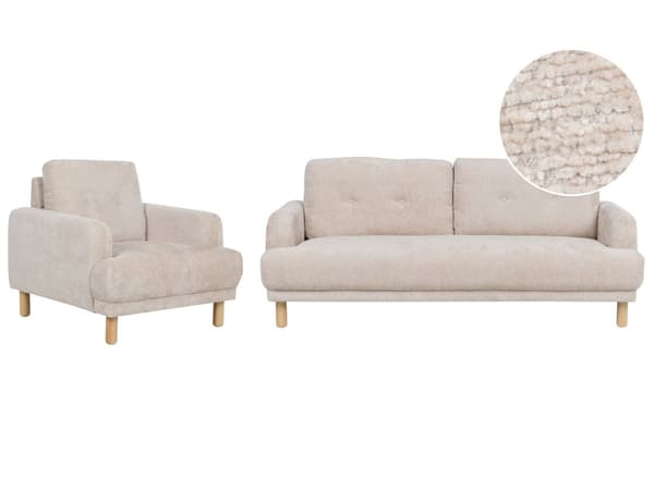 Soffgrupp 3-sits Soffa Fåtölj Beige Bouclétyg Träben Loveseat Retro Minimalistiska Vardagsrumsmöbler
