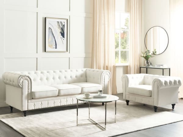 Soffgrupp med tillhörande Fåtölj 4-sitsig Chesterfield Off-White Tuftad Klädsel i Polyestertyg Ben i Mörkt Trä Modern Design Vardagsrum