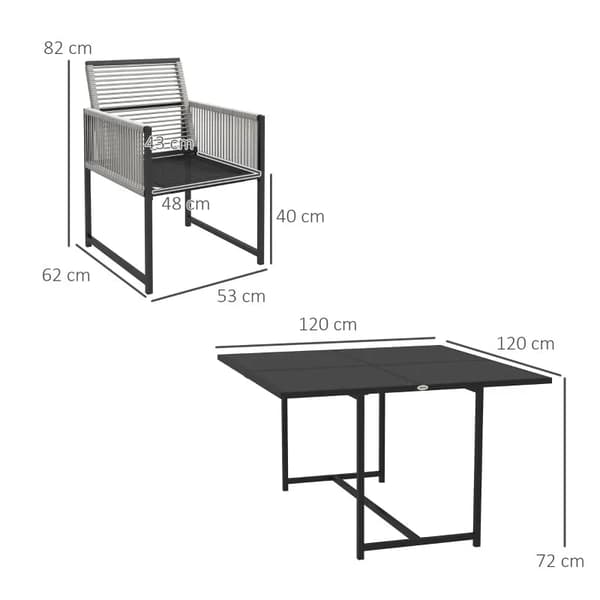 Rootz Havemøbelsæt - Udendørs spisestuesæt - Vejrbestandigt - 1 bord - 4 stole - Stålhærdet glas-tekstlinje - Lysegrå-sort - 48W x 43D x 40H cm