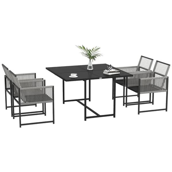 Rootz Havemøbelsæt - Udendørs spisestuesæt - Vejrbestandigt - 1 bord - 4 stole - Stålhærdet glas-tekstlinje - Lysegrå-sort - 48W x 43D x 40H cm