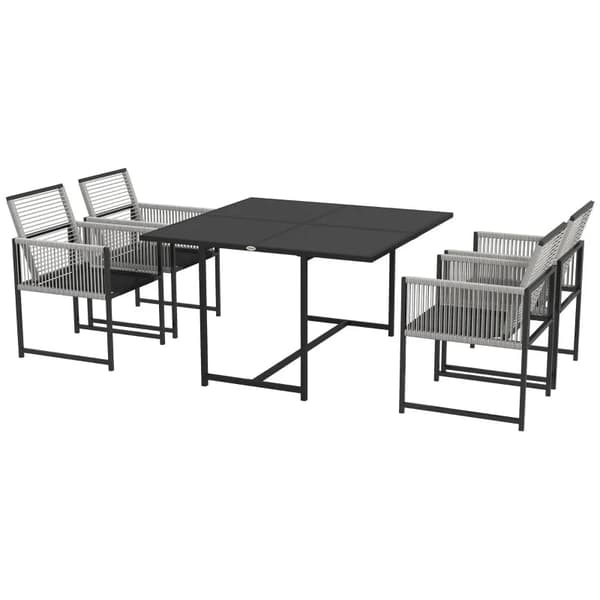 Rootz Havemøbelsæt - Udendørs spisestuesæt - Vejrbestandigt - 1 bord - 4 stole - Stålhærdet glas-tekstlinje - Lysegrå-sort - 48W x 43D x 40H cm