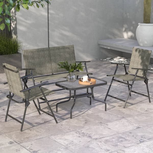 Rootz Trädgårdsmöbler Set - 2-sits - 2 hopfällbara stolar - Bord - Sits och ryggstöd i mesh som andas - Metallram - Grå + Brun - 108cm x 62cm x 85cm