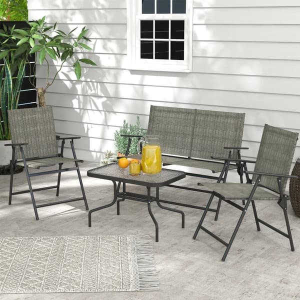 Rootz Trädgårdsmöbler Set - 2-sits - 2 hopfällbara stolar - Bord - Sits och ryggstöd i mesh som andas - Metallram - Grå + Brun - 108cm x 62cm x 85cm